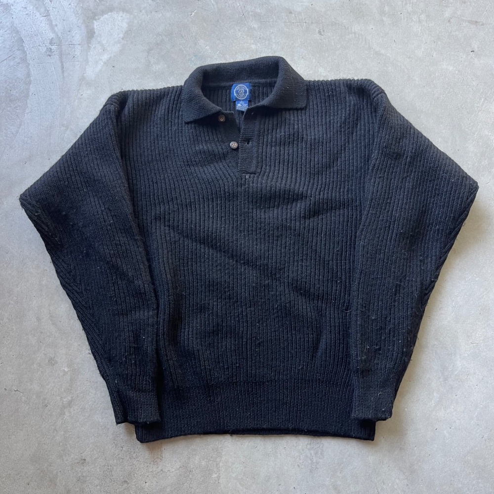 Vintage GAP Mens Black 100% Wool Ribbed Knit Polo Collar Sweater Large 90s